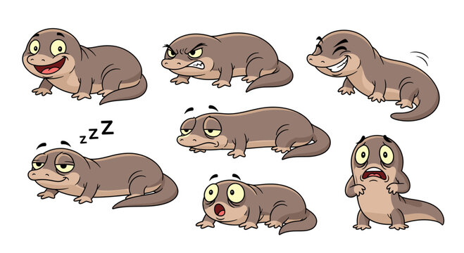 Cartoon caecilian expressing various emotions in animated poses  