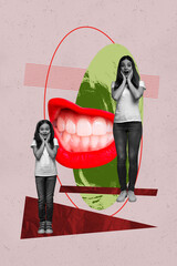 Image banner vertical art collage of happy girl guy dance mouth show teeth grimace speak gossip...