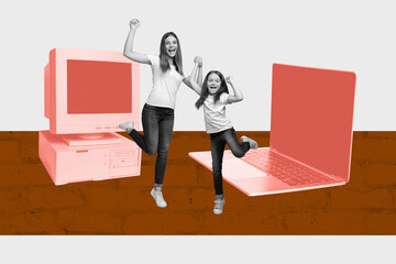 Exclusive artwork banner creative collage of two happy girls daughter mom stadn pc monitor laptop...