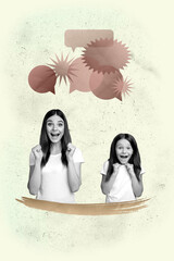 Poster image sketch vertical collage of happy girl guy stand bubble communication icon phrase...