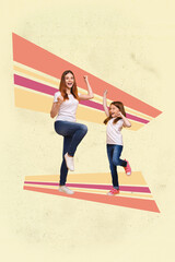 Sketch poster art photo collage of happy businesswoman businessman stand geometric figure...