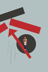 Image pop 3d zine vertical collage of happy businessman businesswoman stand arrow development...