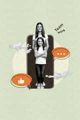 Trendy poster art collage of happy girl guy stand phone screen like notification social network...