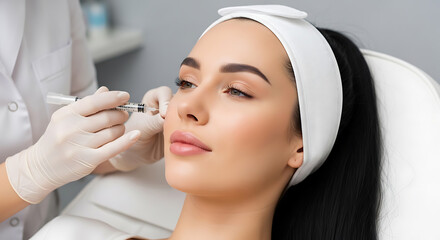 Woman receiving facial injection cosmetic treatment in clinic