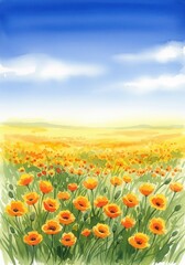 Fototapeta premium Watercolor painting depicts a vibrant field overflowing with orange blossoms beneath a bright blue expanse.