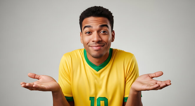 Confused man shrugging shoulders wearing yellow soccer jersey