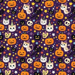 Naklejka premium Halloween Cats and Pumpkins Pattern on Purple Background.