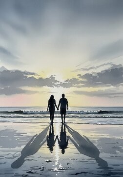 Silhouetted couple strolls along wet sand reflecting dramatic twilight sky above ocean waves