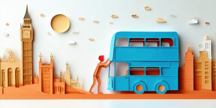 Papercraft London skyline features iconic landmarks, doubledecker bus, person pushing vehicle. Bright colors, simple design, whimsical scene.