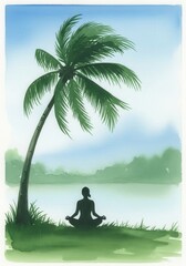 Fototapeta premium Serene silhouette of a person meditating under a palm tree near calm water during daytime