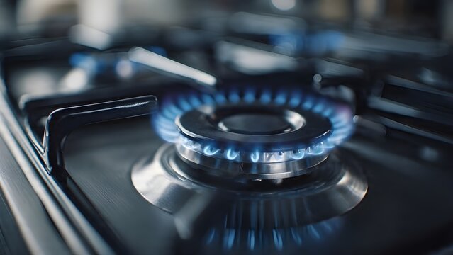 Close-up of a blue gas flame burning on a modern kitchen stove, providing heat for cooking