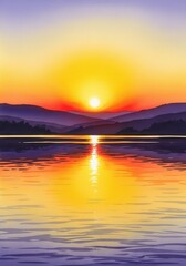 Fototapeta premium Brilliant celestial orb descends below distant mountain range reflected upon calm water surface
