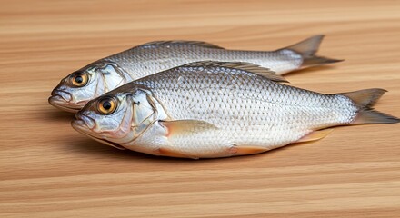 Obraz premium Two Fresh Fish on Wooden Surface Ready for Cooking.