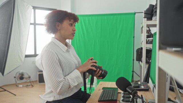 Woman holds camera and gestures with hands in studio with green screen and lighting kit; focused teaching.