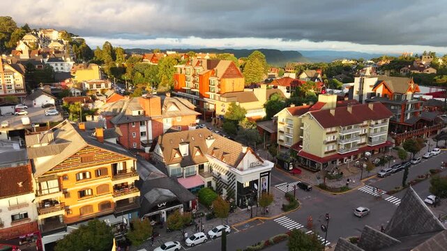Aerial view of houses with European Alpine architecture on Borges de Medeiros Avenue - Gramado, Rio Grande do Sul, Brazil