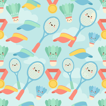 Cute badminton shuttlecocks, rackets, visors, and medals pattern