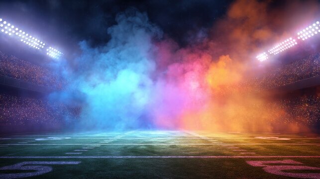 American football stadium field with smoke and neon background, generated with computer, suitable for background design, flayer, brosur, ad, booklets and leaflets. 