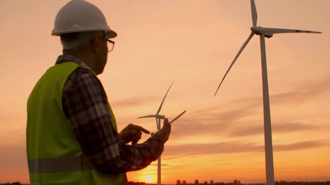 Confident male engineer in safety helmet and reflective jacket standing in a wind farm field. He holds a tablet and analyzes renewable energy project data near a large wind turbine, sunny day.