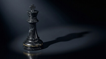 Fototapeta premium A majestic black marble chess king piece stands elegantly on a dark reflective surface, casting a subtle elongated shadow.