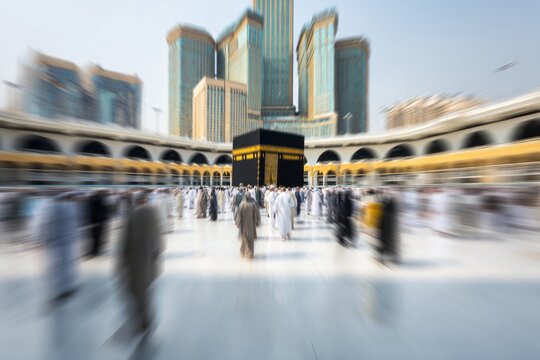 Pilgrims performing ritual circumambulation near a large cubical structure amidst modern high-rise buildings