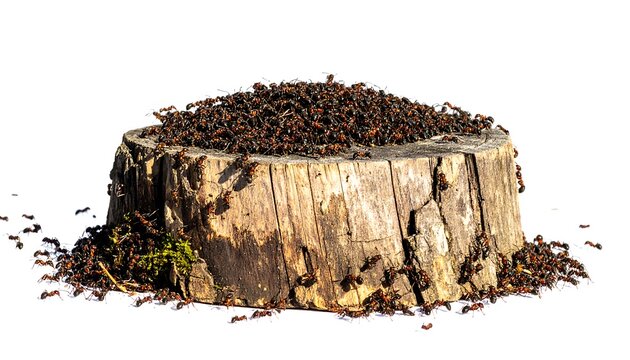 A large, rough-hewn, tree stump serves as a platform, covered in a seething mass of tiny, reddish-brown insects
