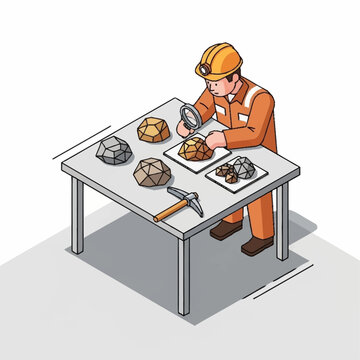 Geologist examining rocks with a magnifying glass on a table.