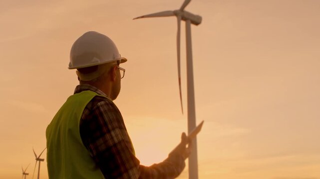 Professional male engineer wearing a white safety helmet and bright reflective jacket stands in a wind farm field. He focuses on his tablet, analyzing performance data and technical specifications 