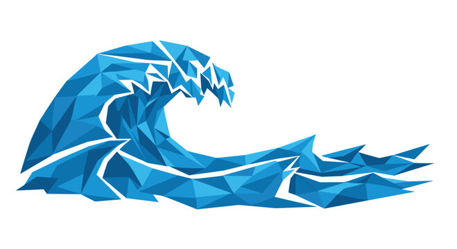 A large, stylized ocean wave is depicted in a low-polygon geometric art style, composed of various blue triangles, against a white background.