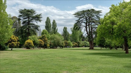 Obraz premium Serene green park landscape with tall trees under a blue sky, ideal for relaxation and outdoor activities