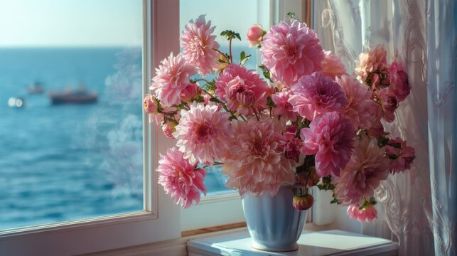 Beautiful bouquet of pink flowers in a vase on a windowsill with ocean view. 