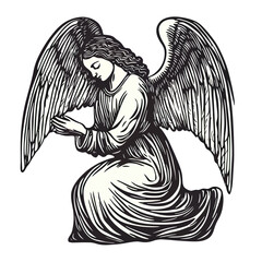 Fototapeta premium Vintage hand-drawn angel kneeling in prayer with large wings and flowing robe black and white woodcut style illustration vector