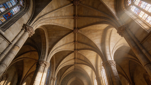 Grand interior of a gothic stone cathedral with sweeping arches and sunlight streaming through windows
