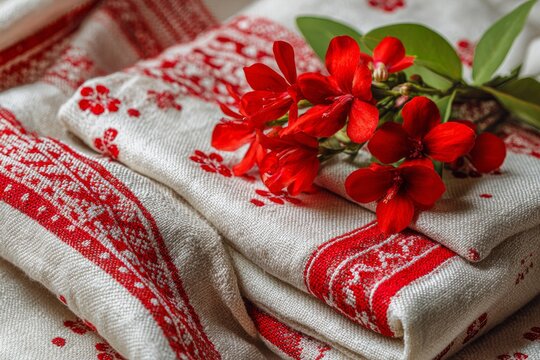 Close-up of traditional Assamese gamosa fabric featuring intricate red patterns, folded neatly with vibrant red flowers placed on top, showcasing cultural textile craftsmanship and design