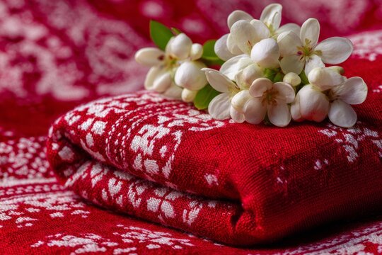 Close-up of traditional Assamese gamosa fabric in vibrant red with intricate white patterns, elegantly folded and adorned with fresh white flowers, cultural textile craftsmanship and design