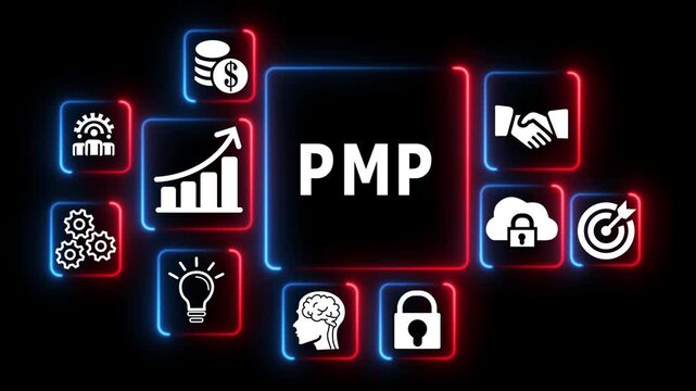 P m p project management concept with business growth and cyber security symbols