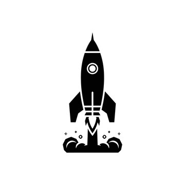 Minimalist black rocket launching with smoke trails, isolated white background