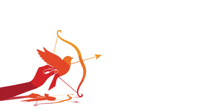 A gradient silhouette of a hand holding a dove with a bow and arrow is positioned on a white background.