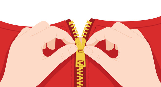 Two hands are zipping up a red garment with a golden zipper against a white background.