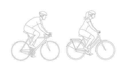 Fototapeta premium Linear illustration of a man and woman cycling side by side outdoors