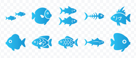 Naklejka premium Blue Fish Vector Icons Set. Diverse Marine Life Silhouettes, Aquatic Animals Collection for Web, UI and Graphic Design