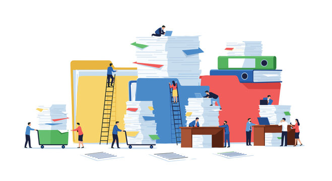 Small cartoon people are working on and around large stacks of documents and colorful folders on a white background.