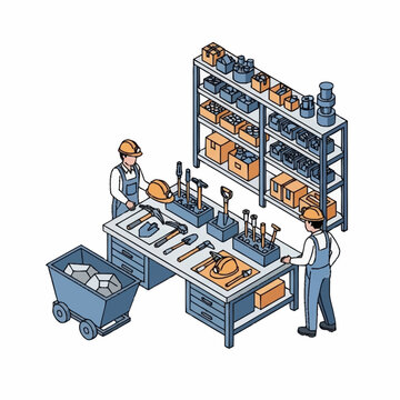 Two workers organizing tools on a workbench in an industrial setting.