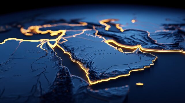 Middle East Illuminated: A Detailed 3D Render Highlighting the Region's Geography and Strategic Importance