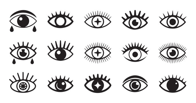 Set of mystic eyes, evil eye, open eye, and crying eyes line art vector illustration for tattoo.
