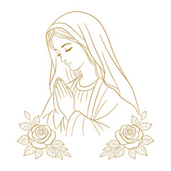 Matka Boska modląca się, ze złożonymi dłońmi i zamkniętymi oczami w skupieniu modlitwy, otoczona różami. Grafika na kartki religijne, dewocjonalia, zaproszenia komunijne i materiały maryjne. © Monika