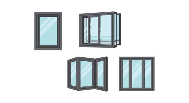 Five distinct window designs with dark grey frames and clear glass are displayed on a white background.
