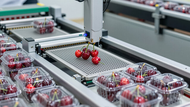 Robotic arm precisely sorts fresh cherry on an automated conveyor belt in a modern food processing facility. This system ensures rigorous quality control and efficient packaging for the f