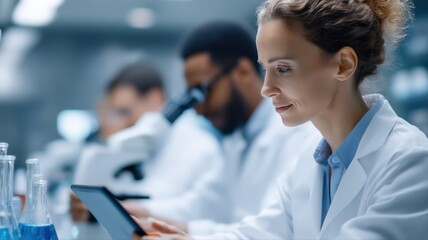 Fototapeta premium Diverse Medical Research Team Analyzing Data in a Modern Laboratory, Collaboration and Technology