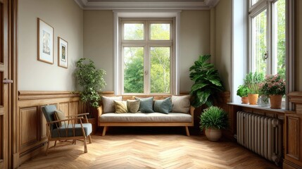 Fototapeta premium Cozy and Inviting Living Room with Natural Light and Elegant Wooden Accents in a Calm Home Environment