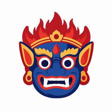 A flat vector illustration of a single Balinese Rangda demon mask featuring fierce bulging eyes and sharp tusks with vibrant red and blue colors, isolated on white for cultural art concept.